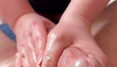 Rubbing his cock from limp to tons of cum all over my hands