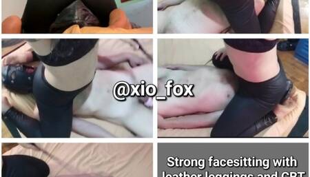 Facesitting with leather leggings and chastity