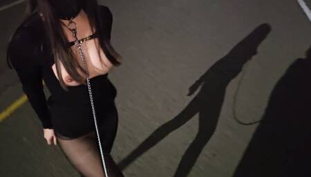 Sex slave on the road, black stockings and high heels