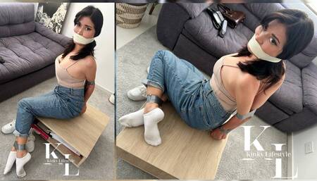 Panty Stuffer Broke in: Simona Tape Bound & Gagged (Microfoam WrapGag, Duct Tape Bound, White Socks, Jeans, AirF1, Hopping, Onscreen Gag, Phone feet dial)