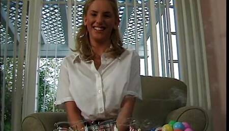 Pretty blonde girl celebrates her 18 jubilee years  with warming up her pussy before fucking by elder man