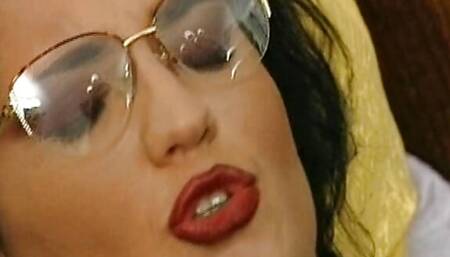 Wild German MILF eating cum over her sexy black fishnets