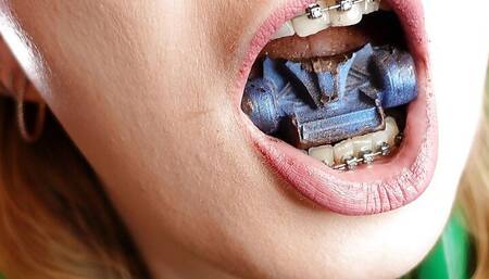 Mukbang - eating video - food fetish in braces close up - mouth tour and vore