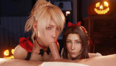 Aerith and Lunafreya gives blowjob