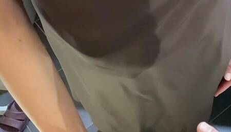 Dirty cleaning lady cleans the bathroom. Her pussy is wet. she sucks cock on her knees. I fuck her doggy style and cum
