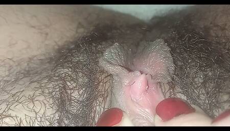 Closeup clit rubbing, Hairy amateur pussy