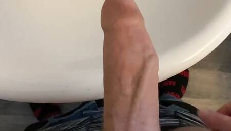 GIGANTIC stinky uncut dick pissing and cumming in the sink