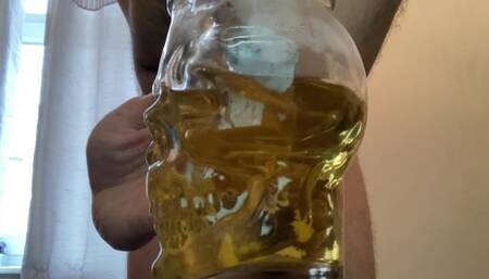 HUGE stinky uncut dick fills a glass with YELLOW piss and CUM