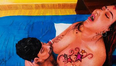 Erotic art or drawing of sexy Indian woman fucking her husband