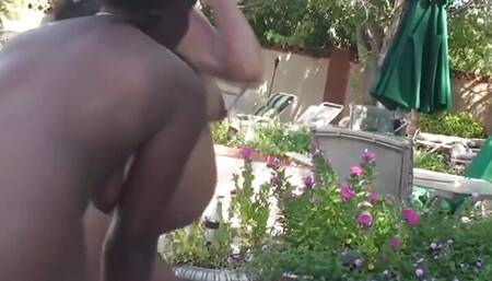 Hot and Pregnant Black Lesbian Fucks Her Firend in and Beside the Outdoor Pool