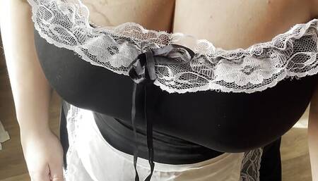 Maid without panties in pantyhose masturbates while talking