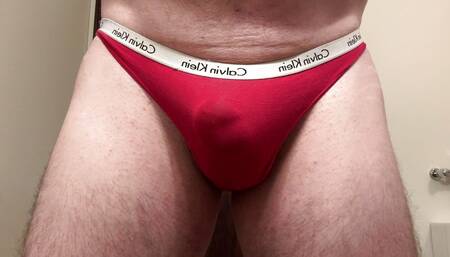 Jerking in step daughter's red thong panty