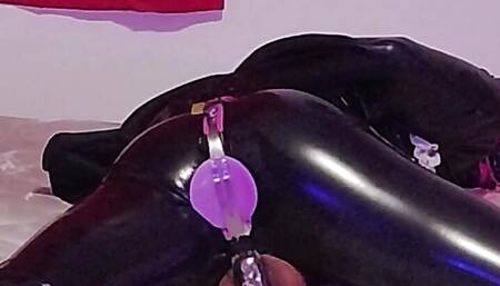 Sissy Maid Struggling in new Armbinder and Steel Chastity Belt with 7" Dildo Locked inside