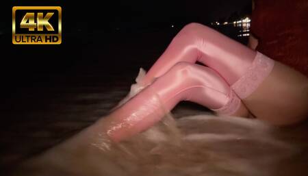 836 4K Shiny Pink Spandex Stockings on the Night Beach