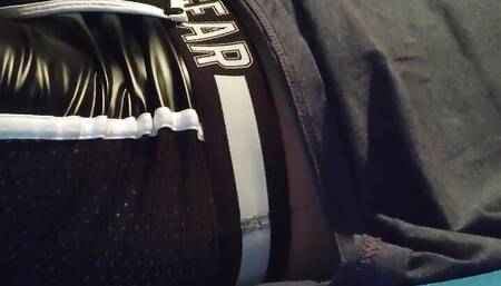 Showing off my zipper underwear with removable cod piece, pouring water onto my white shorts
