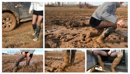 PREMIERE: Sexy Emily stuck in crazy deep soft mud hard in high heel boots