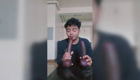 Latino femboy deep throat's fat huge dildo