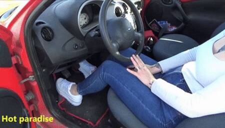 I lick Kira's feet under the sun facing Crussol Castle after pedal pumping in sneakers, in fishnet socks and bare feet (Kira & Bob45) HD