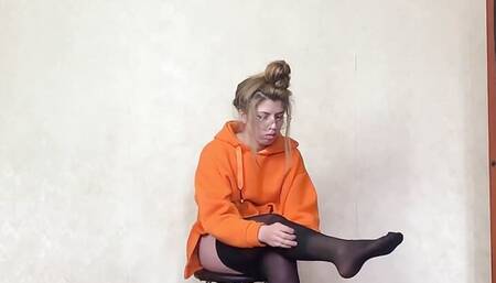 Amy Putting on Black Pantyhose Getting Ready with Hoodie on