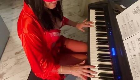 Hot step-mom feeding her ass and pussy with piano teacher