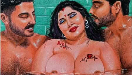 Erotic Art Or Drawing Of a Sexy Indian Woman Having A Steamy Affair with her Two Brother In Laws