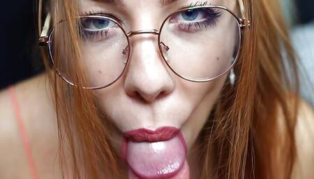 18 years schoolgirl with glasses and red lipstick swallowed all cum POV.