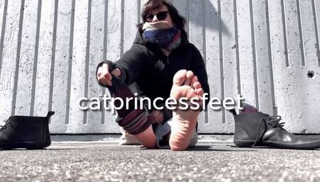 Slow motion jumproping sweaty feet, sweat pants, wool socks, leather shoes removal and tease, Hungarian milf feet