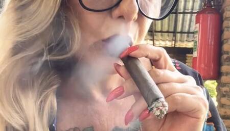 Available on PPV Smoking an entire cigar in thirteen minutes - Dangling, Nose exhales, Purple lipstick, Long red nails, Long blonde hair
