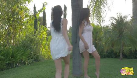 Two Sweet and Naughty Angels Are Kissing and Eating Each Other Pussies Outdoors