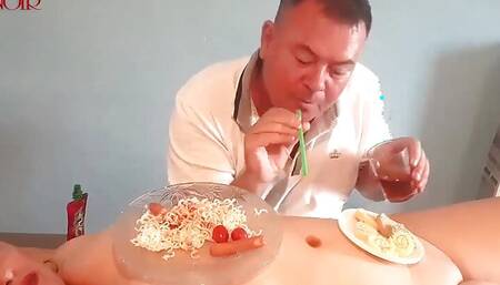 Naked Waitress. Restaurant Guest Eats From the Waitress's Navel. C1