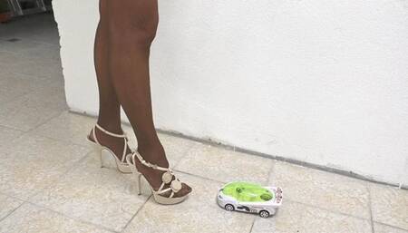 White classic platform sandals crushing white toy car FULL HD