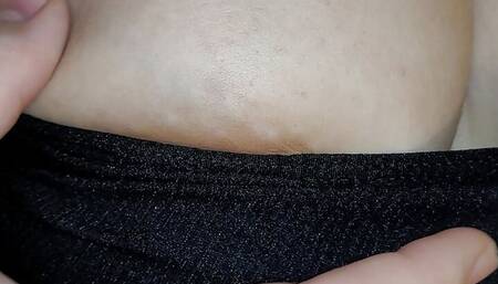 Super Close Up Big Natural Breast in Black T-Shirt