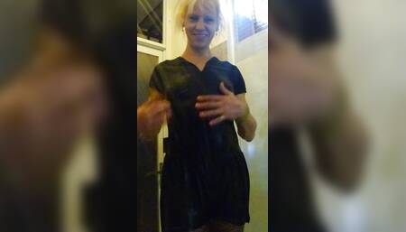 Wetlook in the bathroom in black sport dress and pantyhose. Wet pantyhose and dress.
