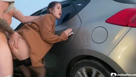 Picked up babe gets fucked by the car