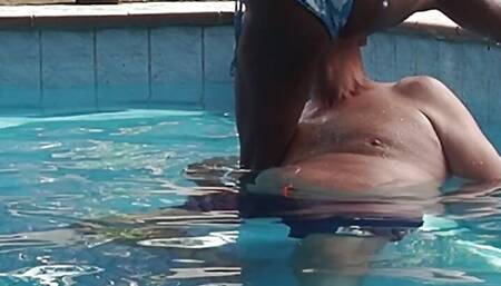 Sexy Ebony MILF Fucks Older White Caretaker in the Pool