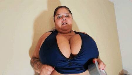 Brazilian BBW breastfeeding a submissive guy with her big tits and with hand and mouth tied up