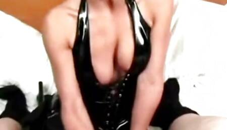 Kara the Dominatrix is teasing guy with tiny dick with her ginat starp on dildo