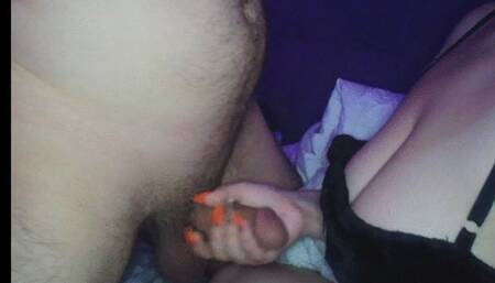 Kneeling in front of Mistress Handjob