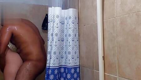 Hubby went into the bathroom and couldn't resist seeing there taking a shower and sent the rod in her