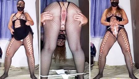 Undressing, black skirt and bodysuit