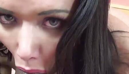 Brunette shemale with big ass rides a rock hard cock in