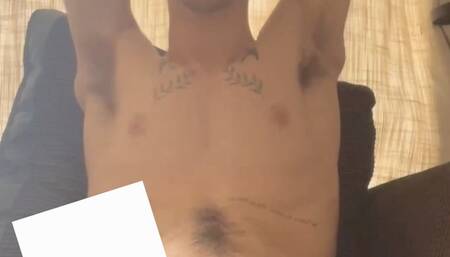 Skinny friendly tatted guy dirty talking and cumming