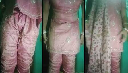Indian Gay Crossdresser wife Gaurisissy xxx sex in pink salwar kurta pressing her big boobs