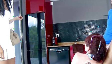 Beauty with Long Brunette Hair Is Bent Over and Fucked with a Condom