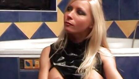 Strict blonde dominatrix blows slave's dick and makes him to drill her wide cunt