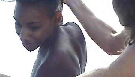 Superb black model gets cock deeply inside wet pussy after baking