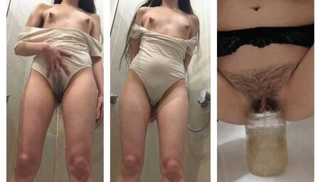 Russian Lady: Put your mouth up, I'm going to pee in it for you! Peeing through dirty panties. in stockings in a jar