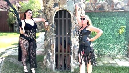 Slave getting punished merciless by two Dommes