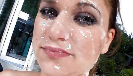 Brunette model get blowjob blowgang and cum facial