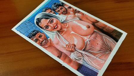 Erotic Art Or Drawing Of Sexy Indian Woman getting wet with Four Men